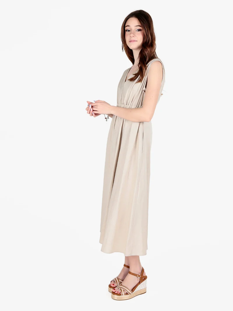 Abito lungo da donna smanicato in misto lino - beige