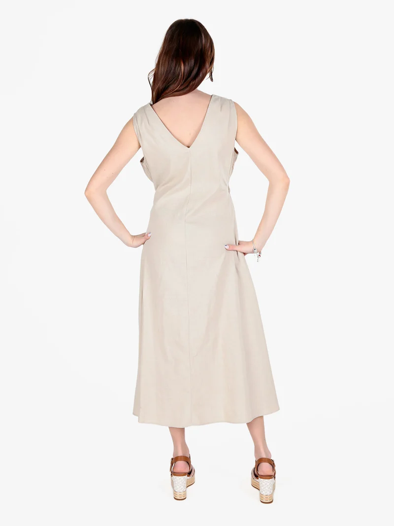 Abito lungo da donna smanicato in misto lino - beige