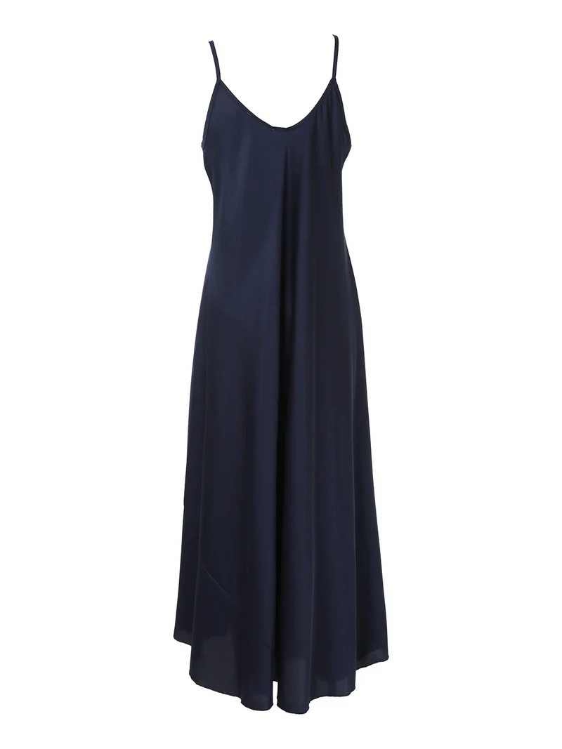 Abito lungo da donna effetto raso con spalline sottili - blu scuro