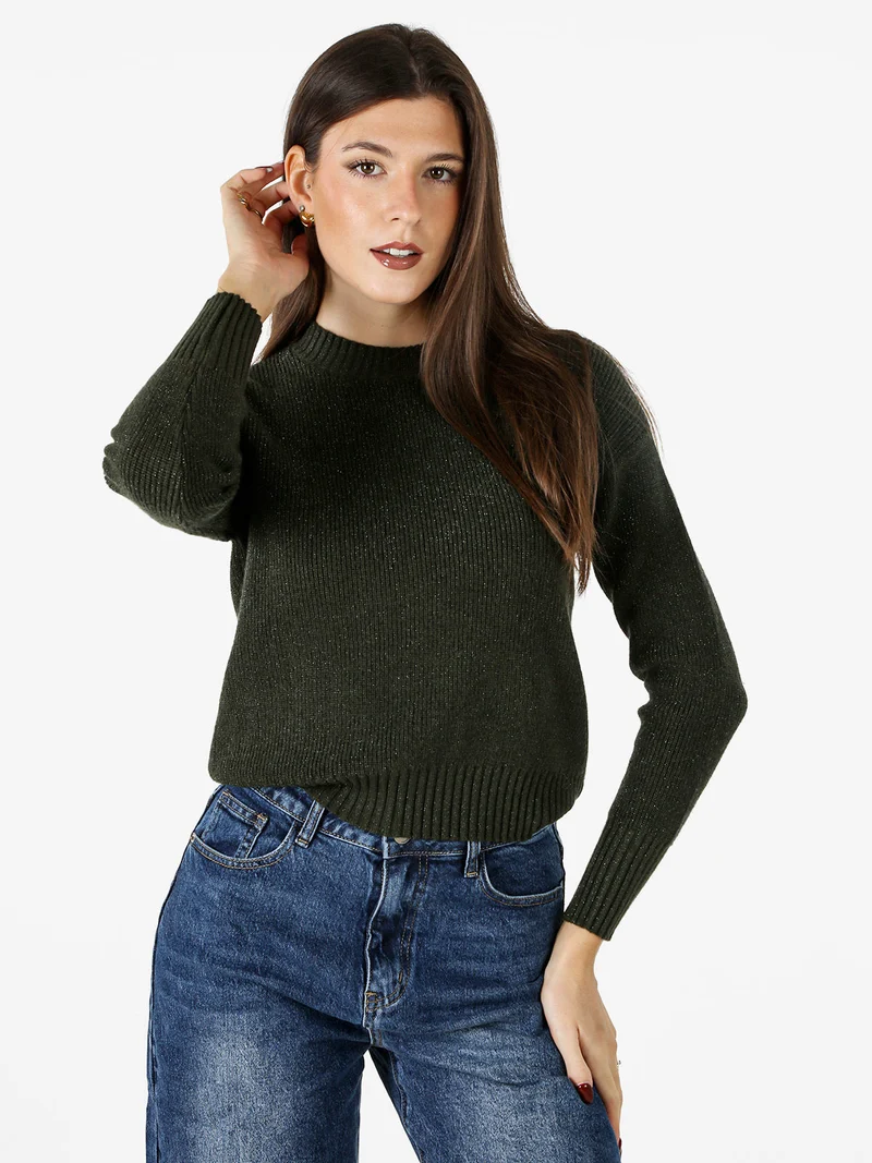 Maglione girocollo da donna lurex - verde scuro