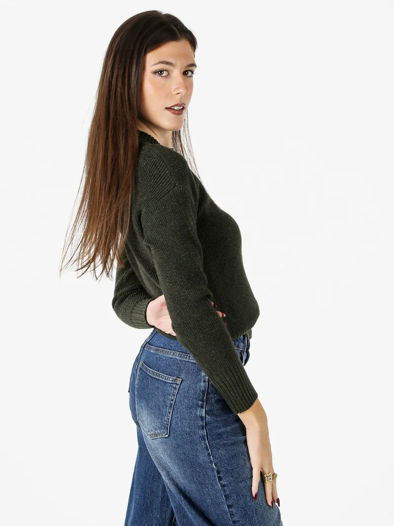 Maglione girocollo da donna lurex - verde scuro