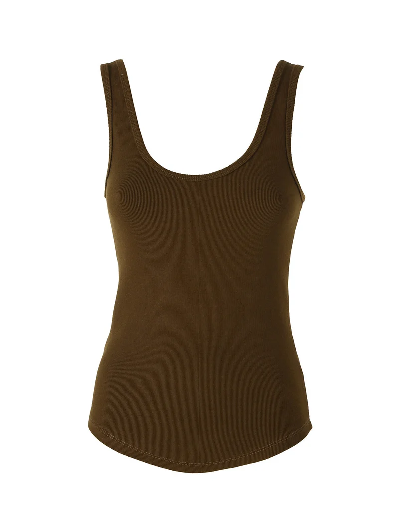 Top da donna in cotone elasticizzato a costine - tabacco