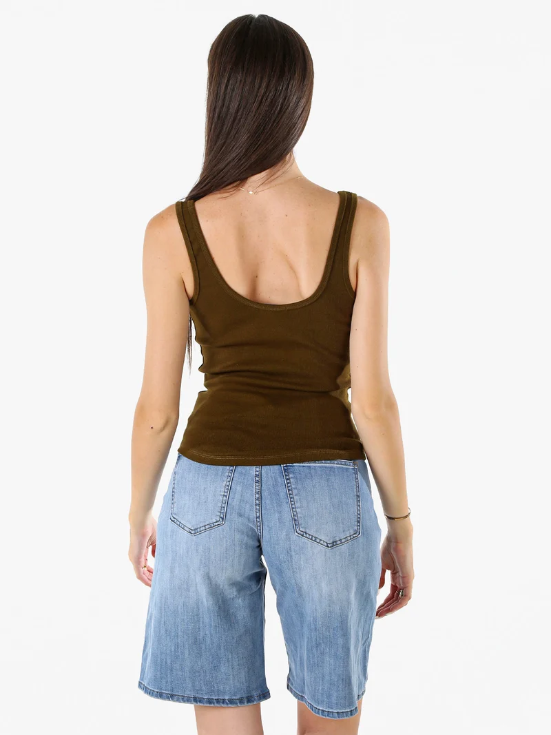 Top da donna in cotone elasticizzato a costine - tabacco