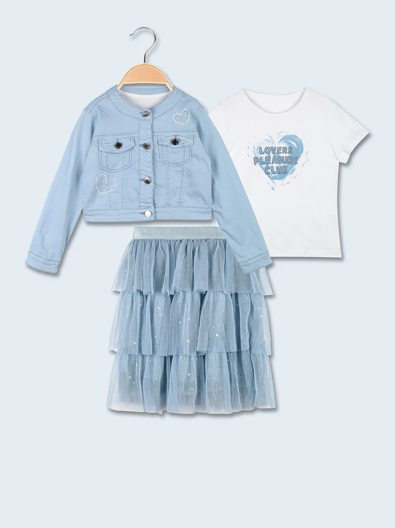 Completo da bambina 3 pezzi con giacca in jeans e gonna in tulle - azzurro