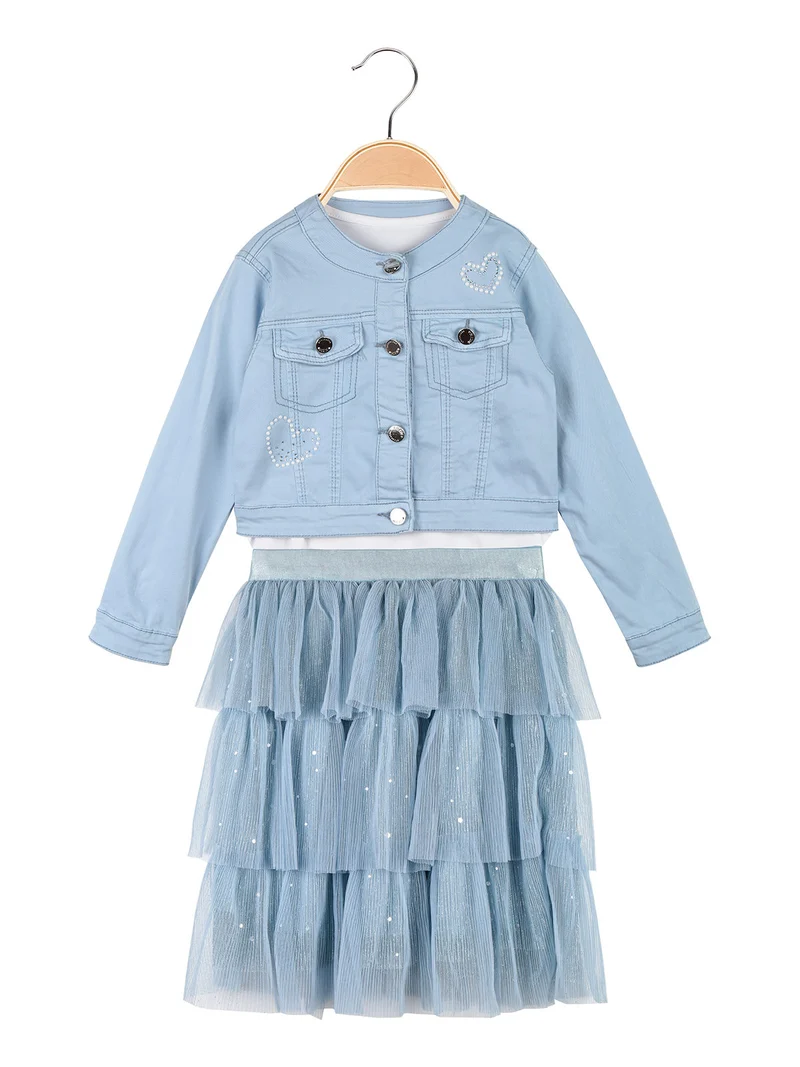 Completo da bambina 3 pezzi con giacca in jeans e gonna in tulle - azzurro