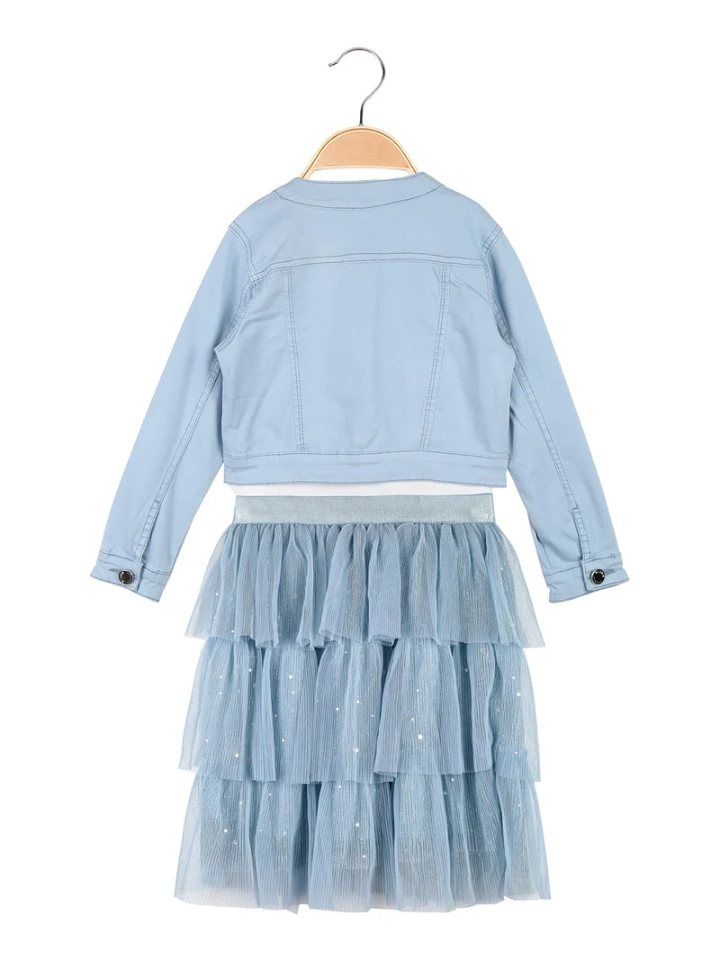 Completo da bambina 3 pezzi con giacca in jeans e gonna in tulle - azzurro