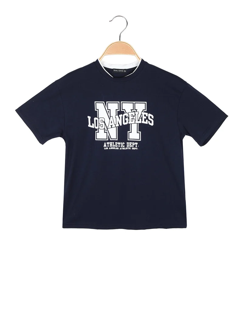 T-shirt da bambino in cotone con stampa scritta - blu scuro