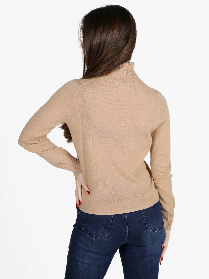 Maglione dolcevita da donna in misto lana e cashemere - cammello