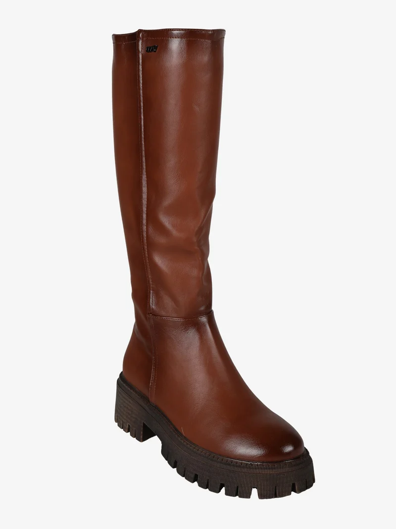 Stivale alto donna con tacco e plateau - cuoio