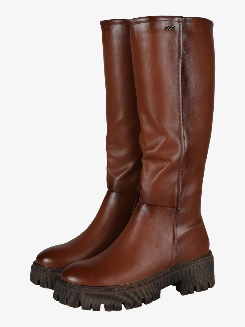 Stivale alto donna con tacco e plateau - cuoio
