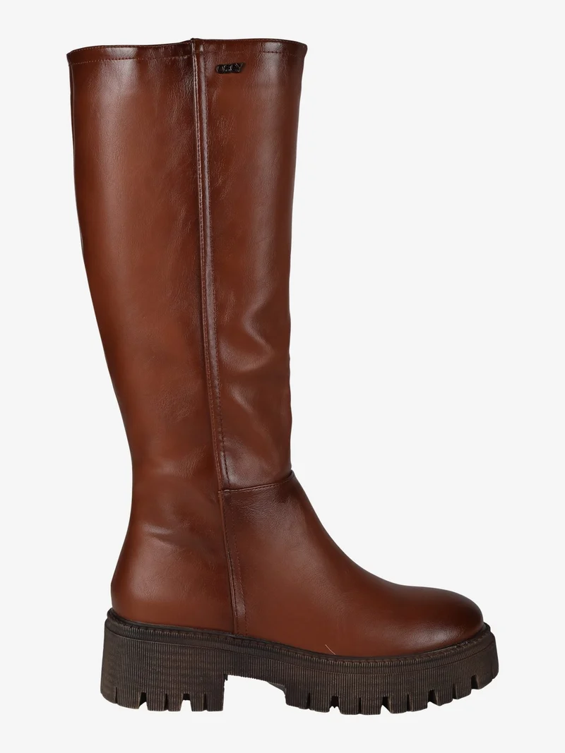 Stivale alto donna con tacco e plateau - cuoio