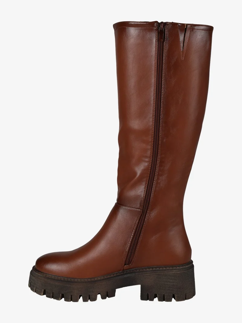 Stivale alto donna con tacco e plateau - cuoio