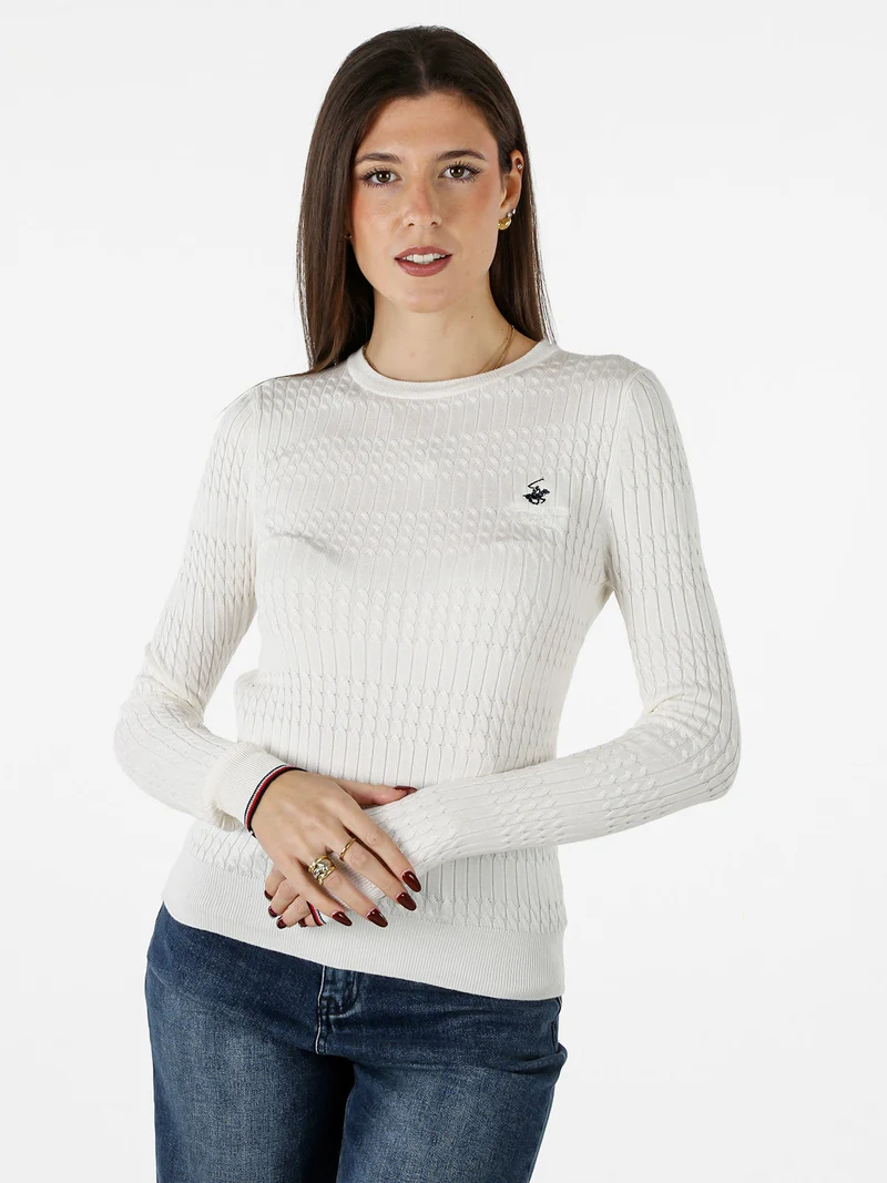 Pullover girocollo donna in maglia intrecciata - panna