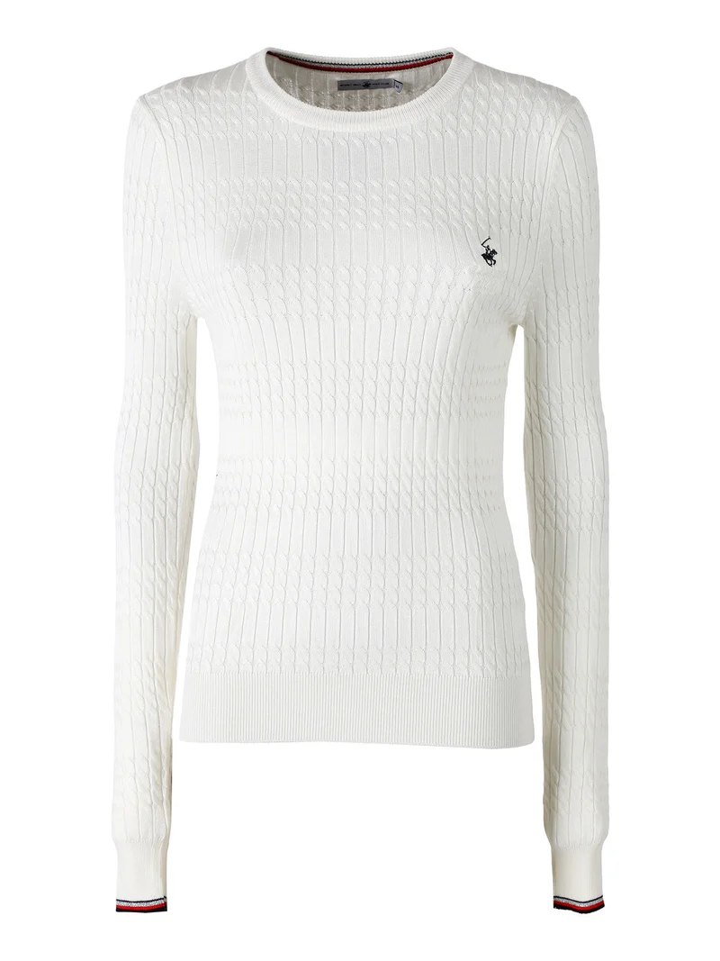 Pullover girocollo donna in maglia intrecciata - panna