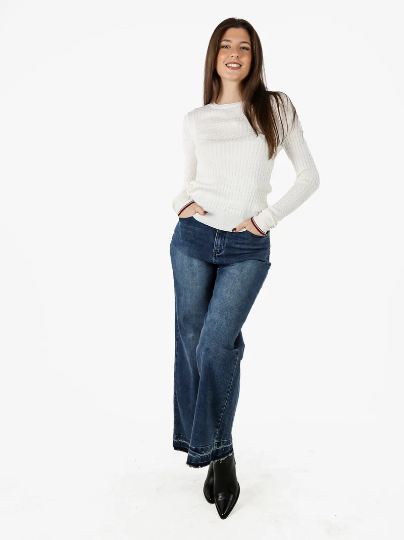 Pullover girocollo donna in maglia intrecciata - panna