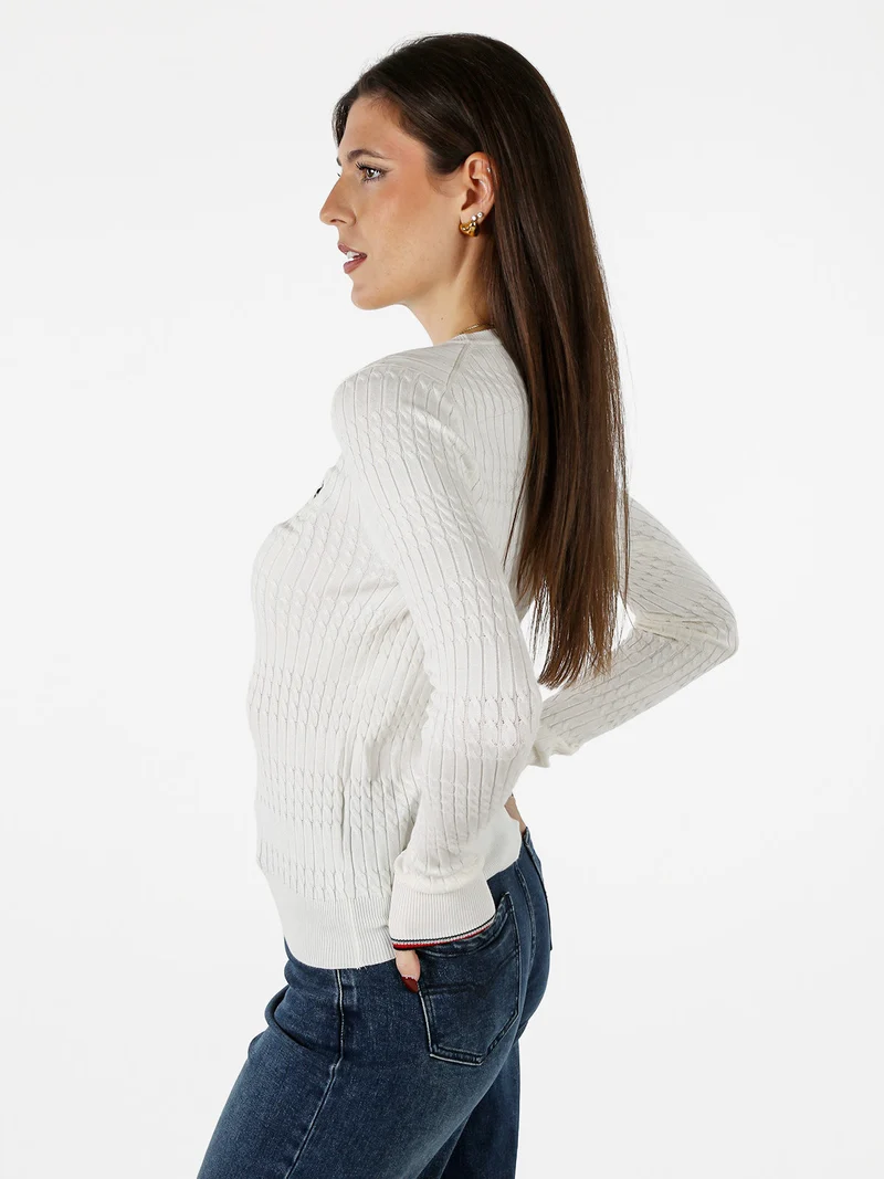 Pullover girocollo donna in maglia intrecciata - panna