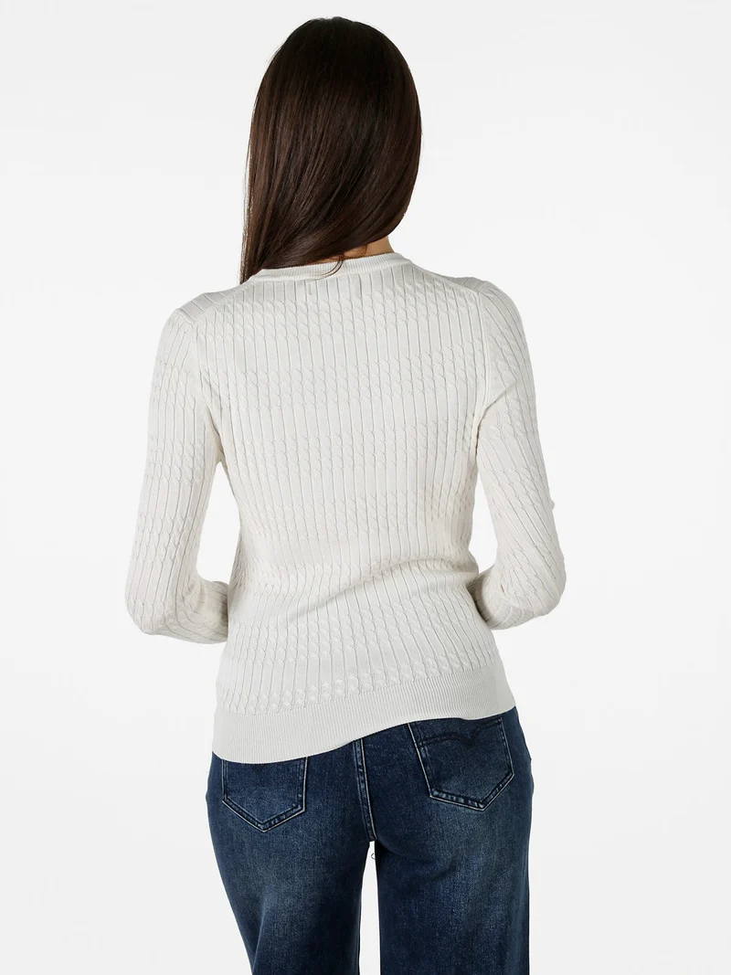 Pullover girocollo donna in maglia intrecciata - panna