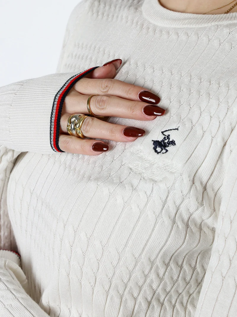 Pullover girocollo donna in maglia intrecciata - panna