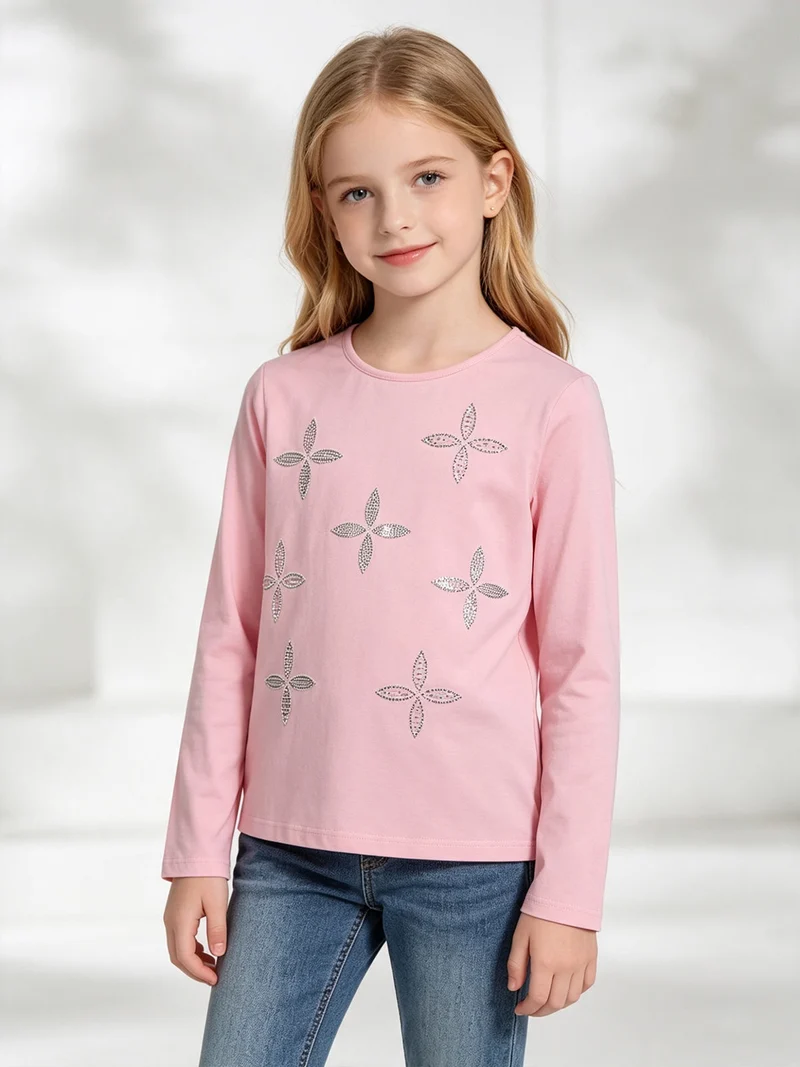 T-shirt da bambina a maniche lunghe con strass e perle - rosa