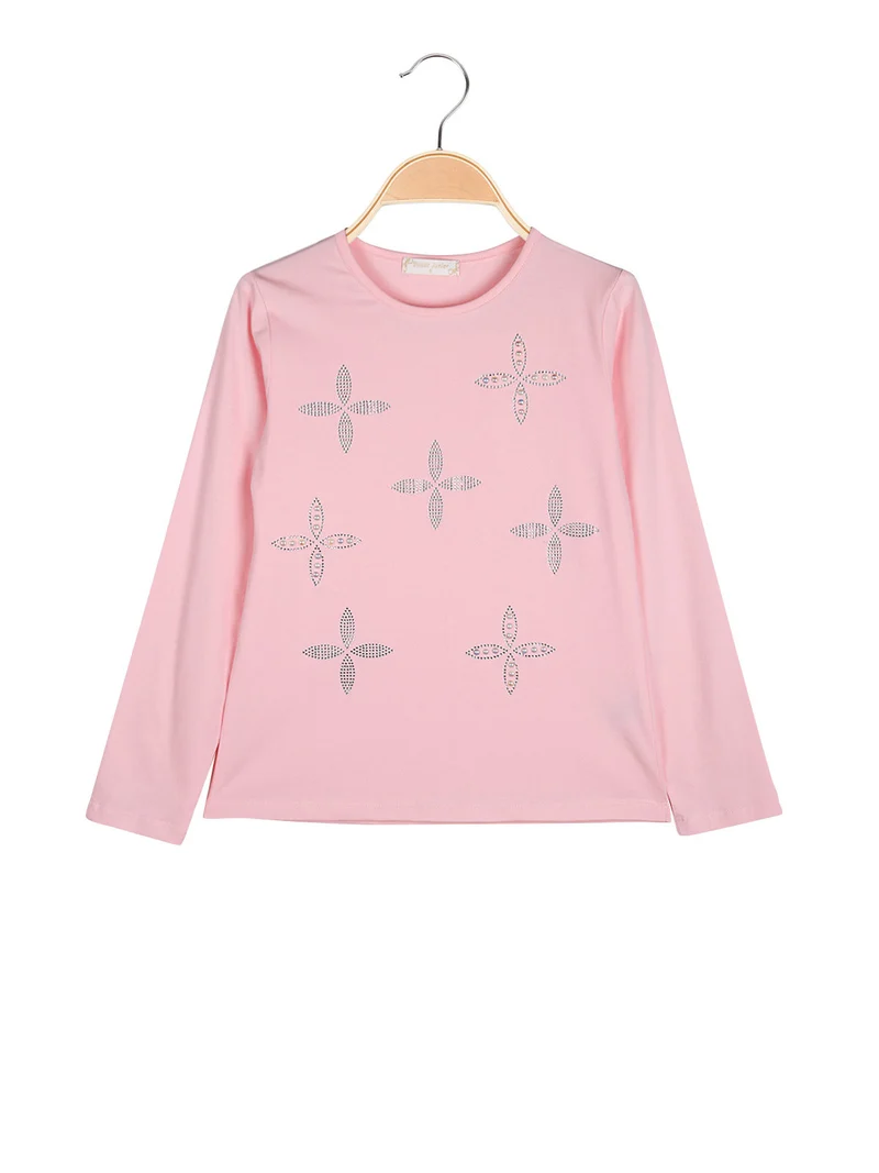 T-shirt da bambina a maniche lunghe con strass e perle - rosa