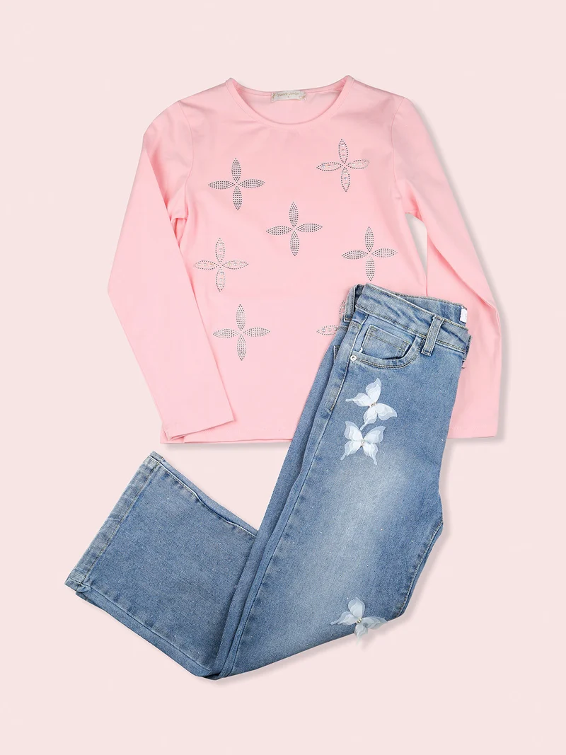 T-shirt da bambina a maniche lunghe con strass e perle - rosa