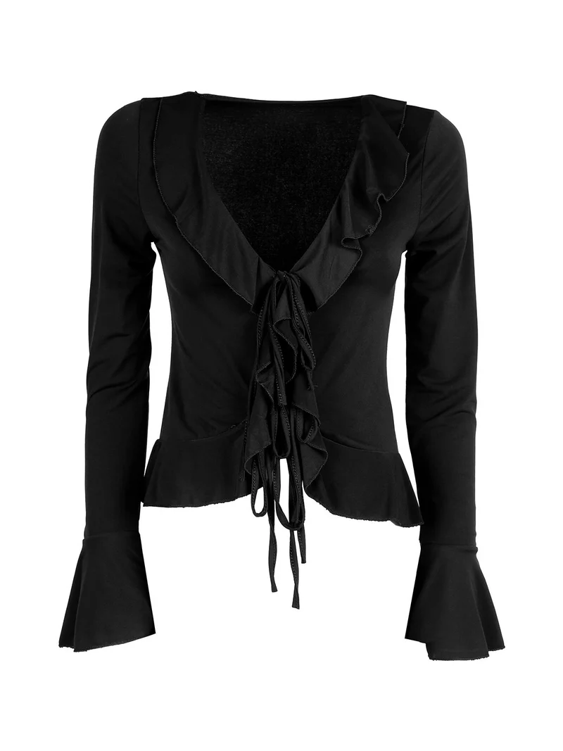 Top donna a maniche lunghe con dettagli a volant - nero