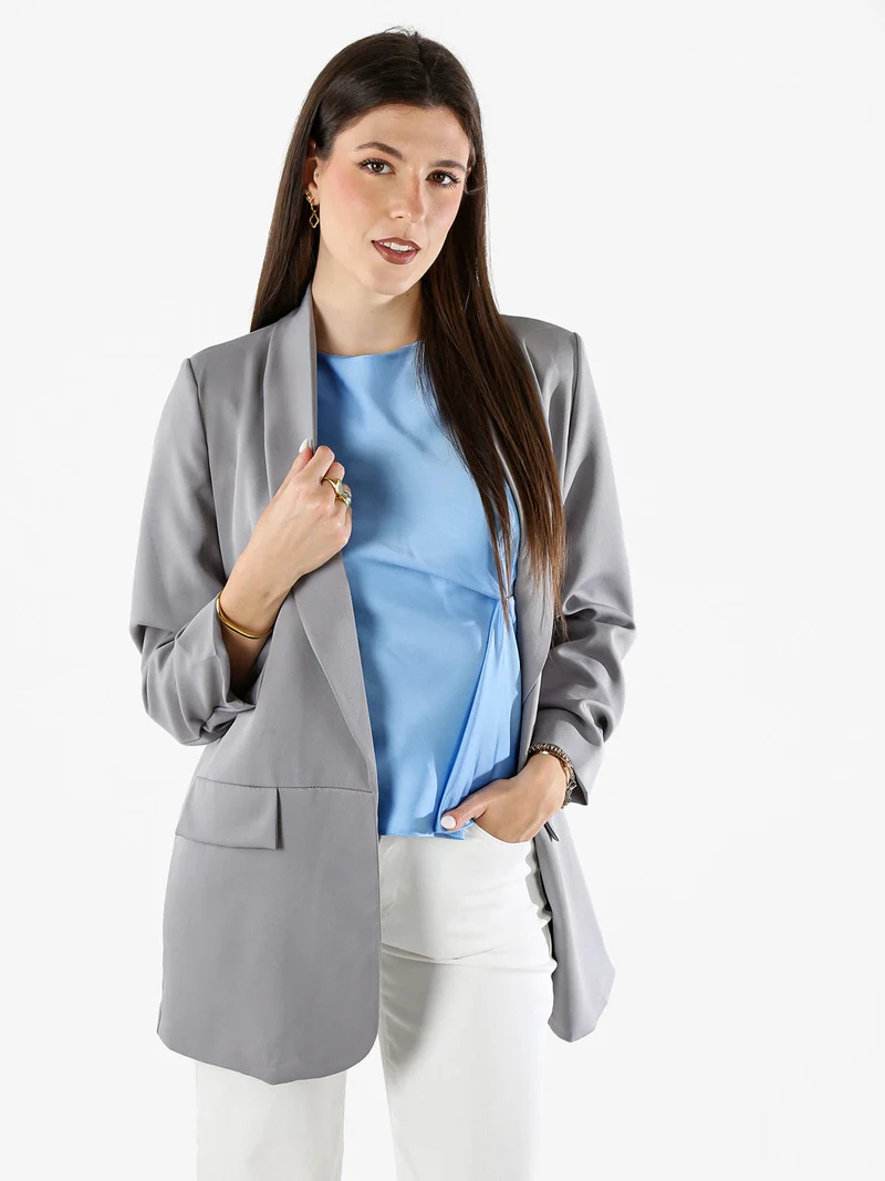 Blazer donna aperto con maniche arricciate - grigio