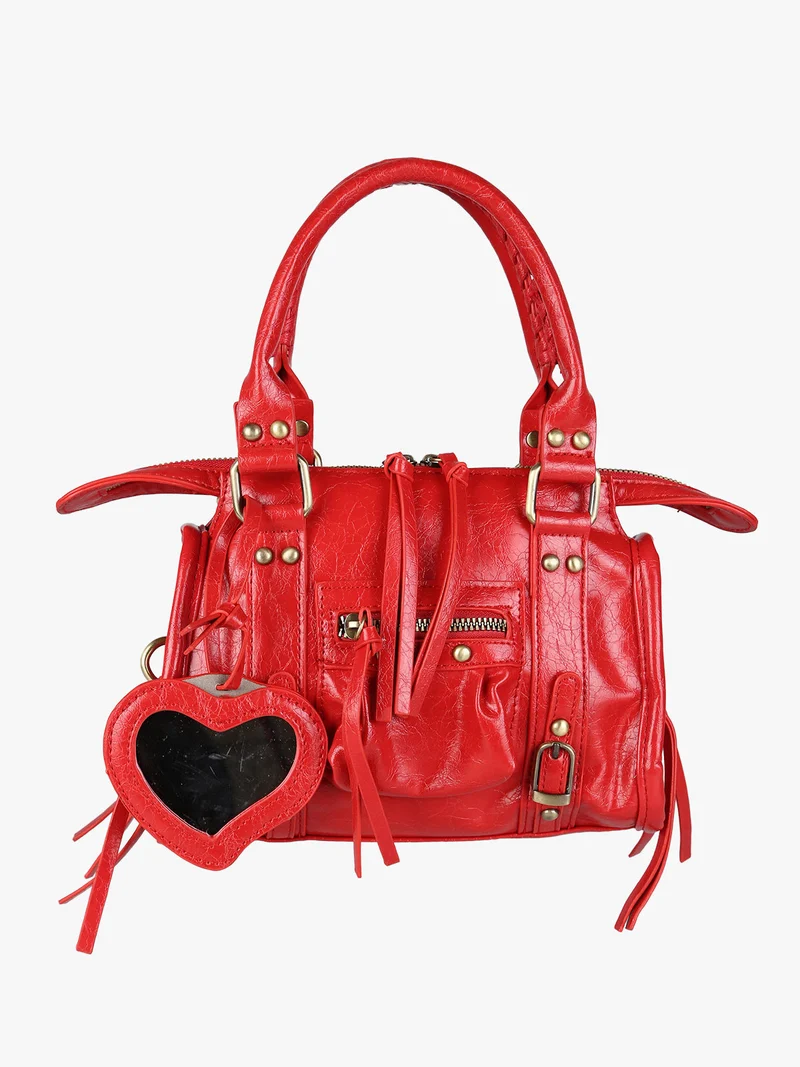 Borsa mini da donna in ecopelle con doppi manici e specchietto - rosso
