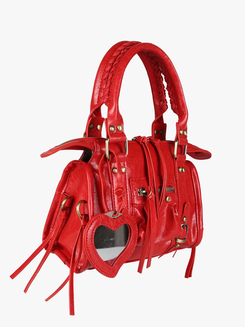 Borsa mini da donna in ecopelle con doppi manici e specchietto - rosso