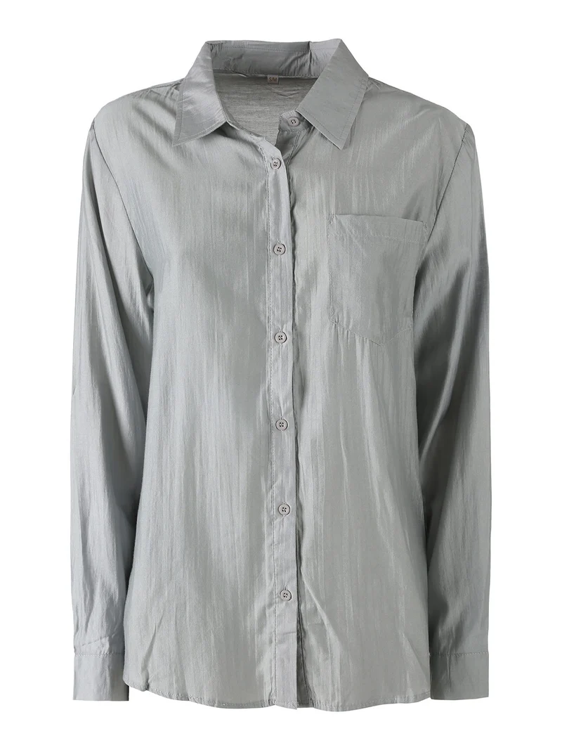 Camicia donna a maniche lunghe in misto cotone - grigio