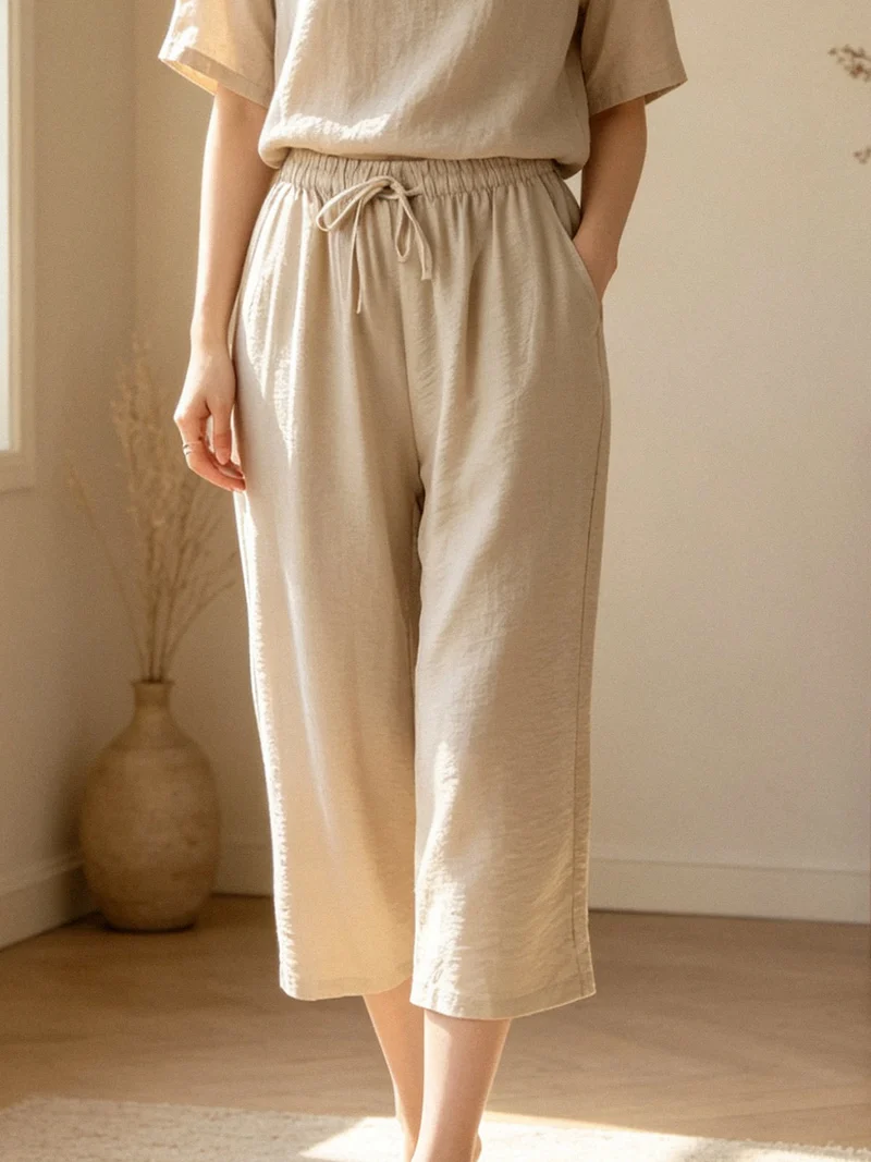 Pantaloni donna cropped a gamba larga con coulisse - beige