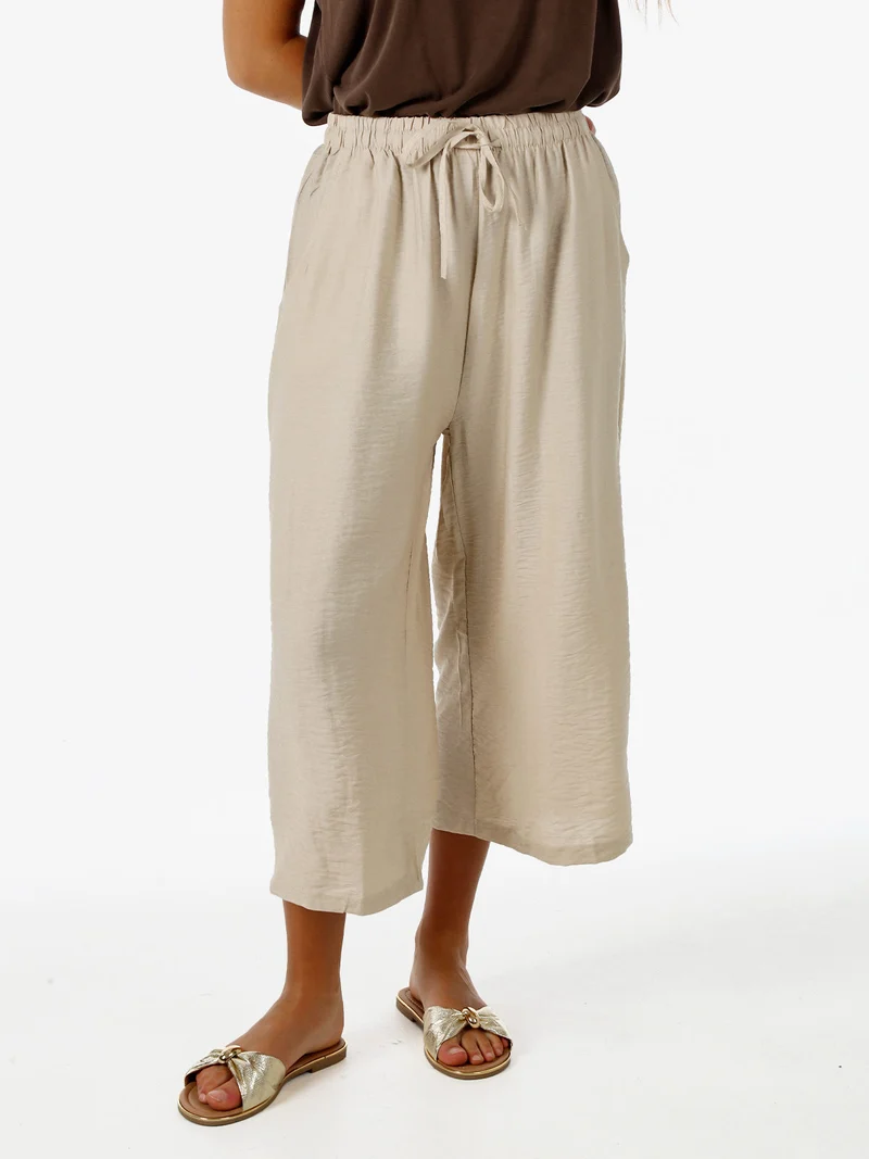 Pantaloni donna cropped a gamba larga con coulisse - beige