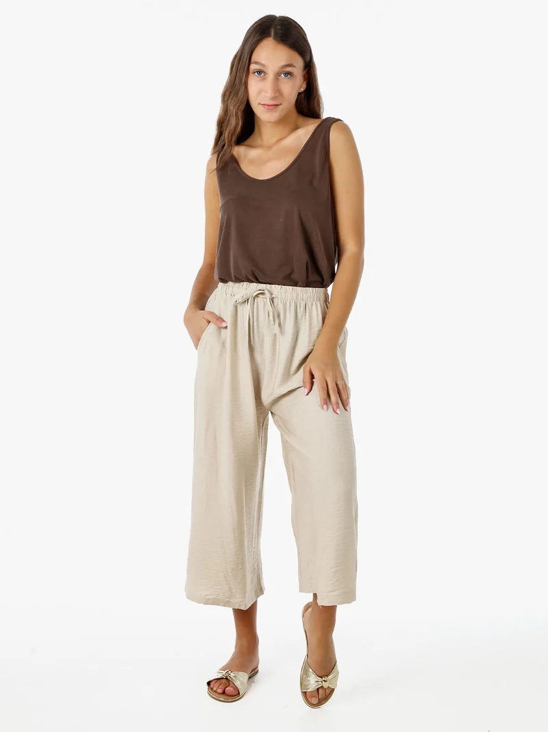 Pantaloni donna cropped a gamba larga con coulisse - beige