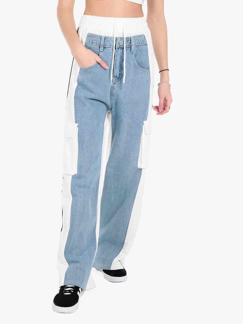 Pantaloni donna a gamba larga con tasconi e coulisse - bianco