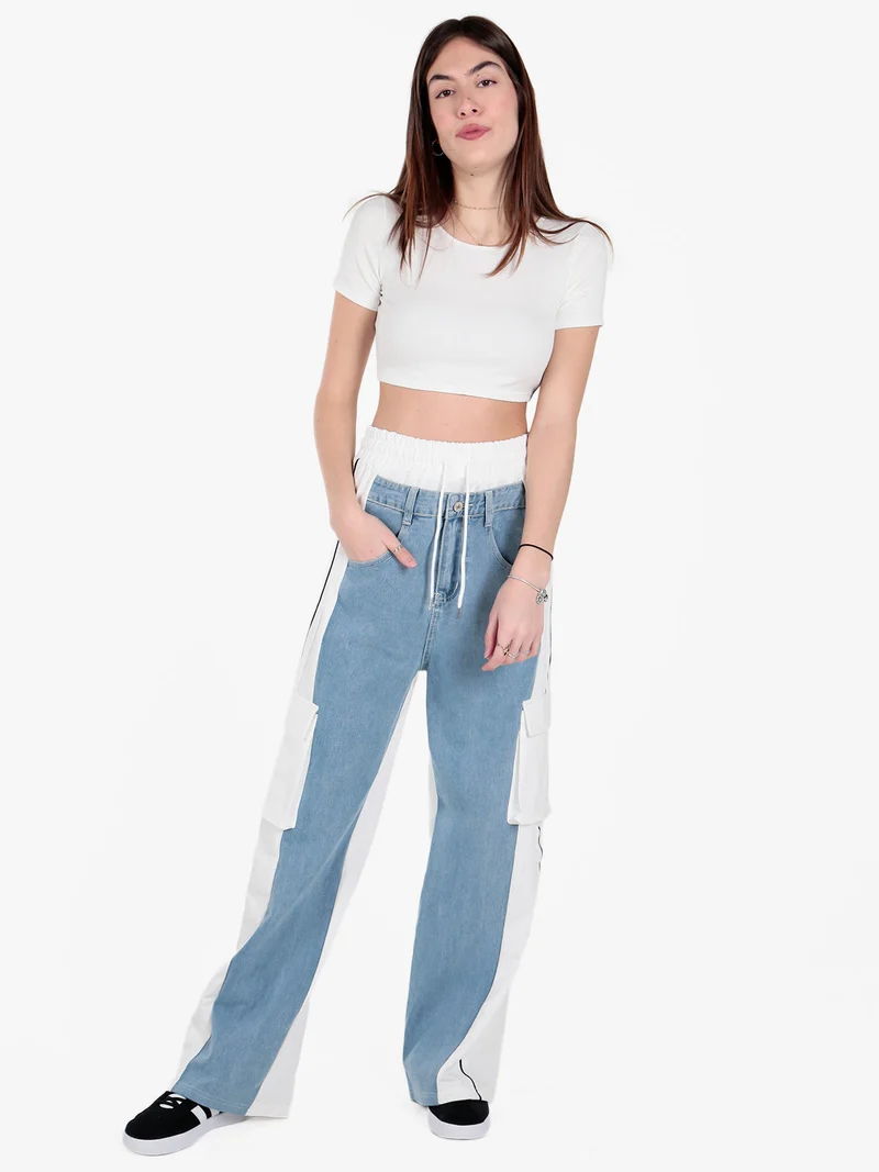 Pantaloni donna a gamba larga con tasconi e coulisse - bianco
