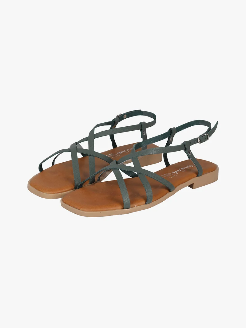 Sandali bassi in pelle da donna con fascette incrociate - turchese