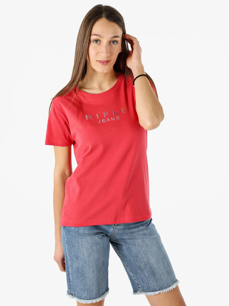 T-shirt girocollo da donna in cotone con strass - arancione