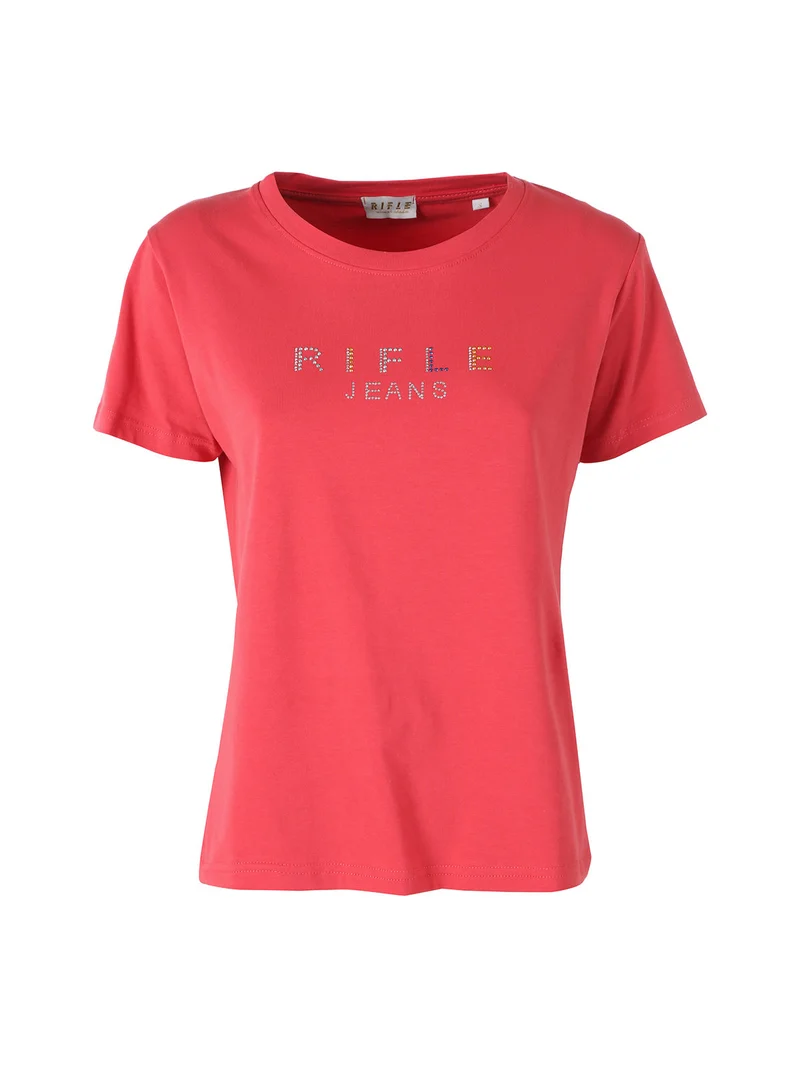 T-shirt girocollo da donna in cotone con strass - arancione