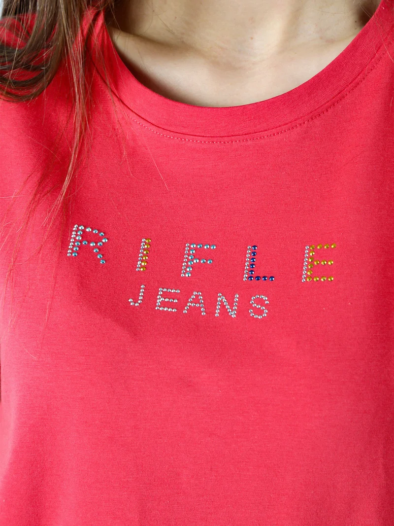 T-shirt girocollo da donna in cotone con strass - arancione