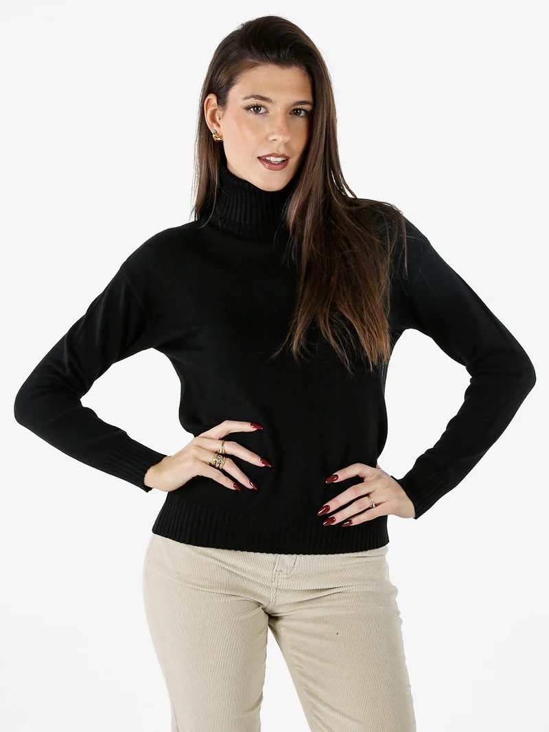 Pullover donna dolcevita in maglia - nero