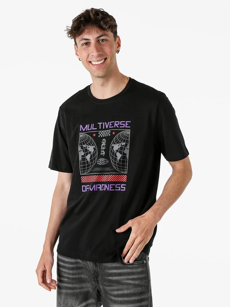 T-shirt girocollo da uomo in cotone con stampa - nero