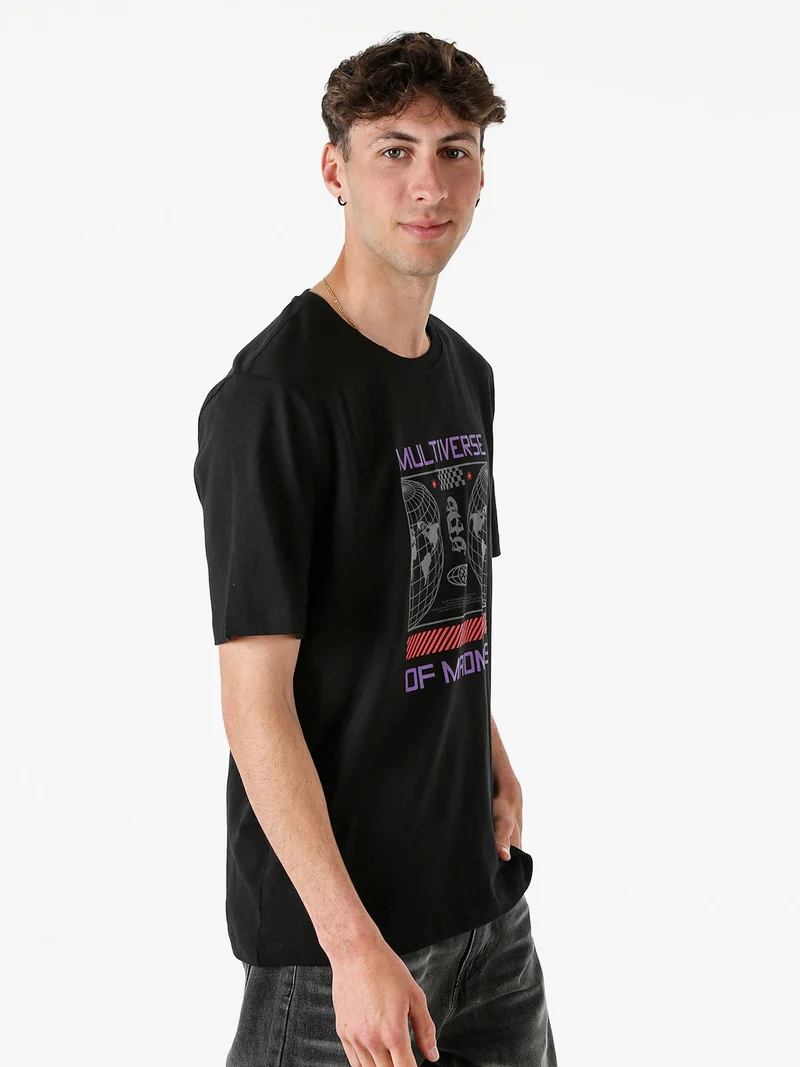 T-shirt girocollo da uomo in cotone con stampa - nero