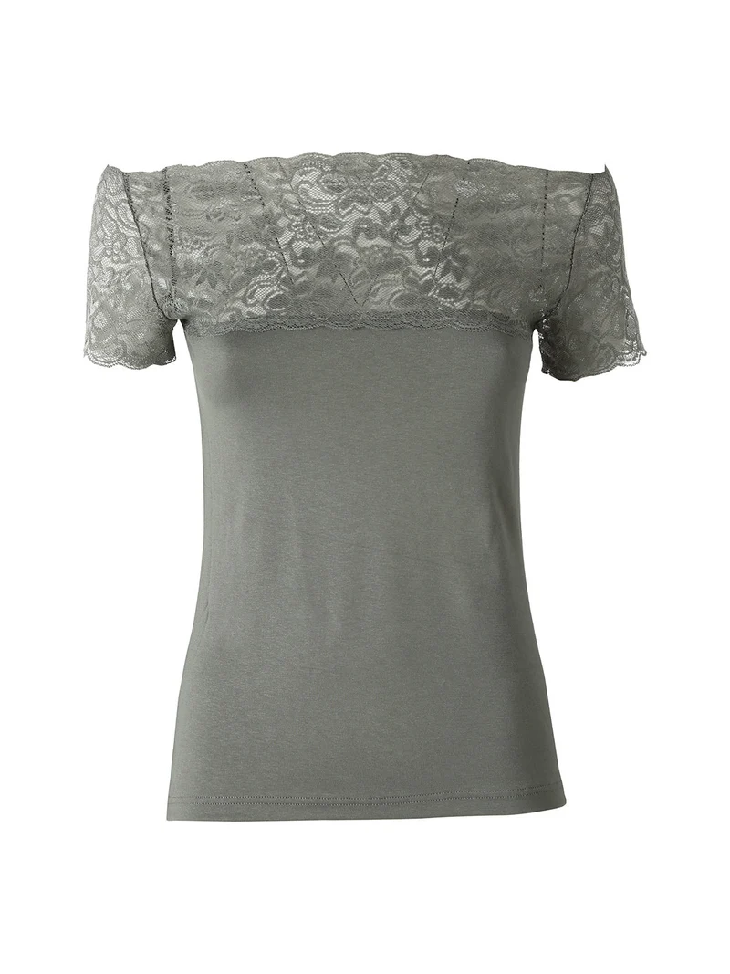 Maglia donna a maniche corte con pizzo - verde