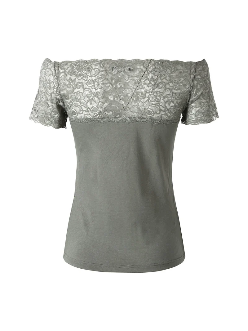 Maglia donna a maniche corte con pizzo - verde