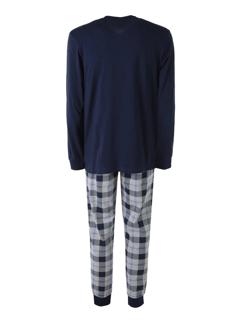 Pigiama lungo da uomo in cotone con stampa e pantaloni a quadri - blu scuro
