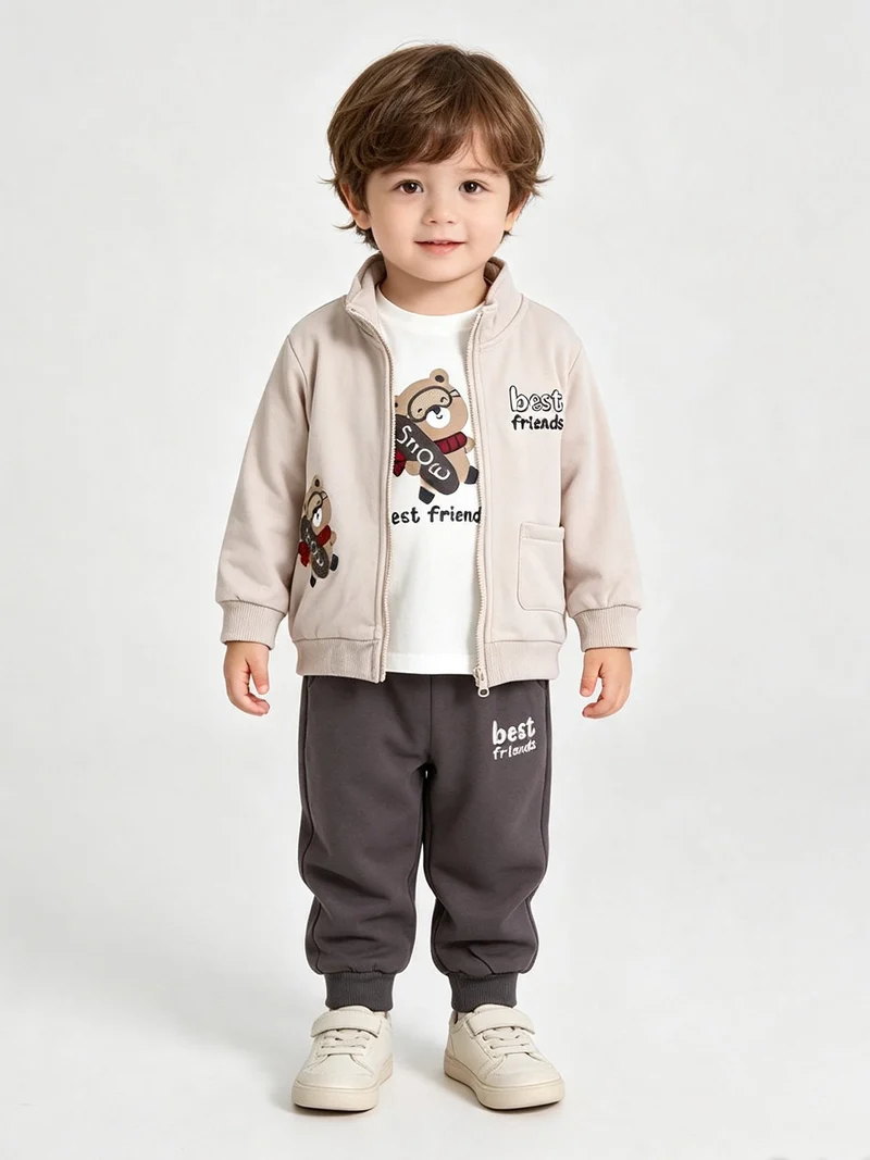 Completo tuta 3 pezzi da neonato full zip con interno felpato - beige