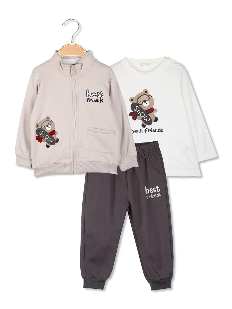 Completo tuta 3 pezzi da neonato full zip con interno felpato - beige