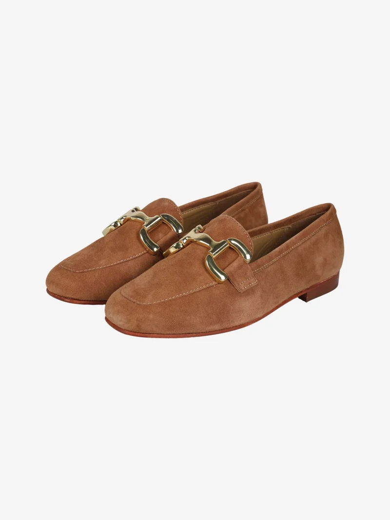 Mocassini donna in pelle scamosciata con placchetta - marrone