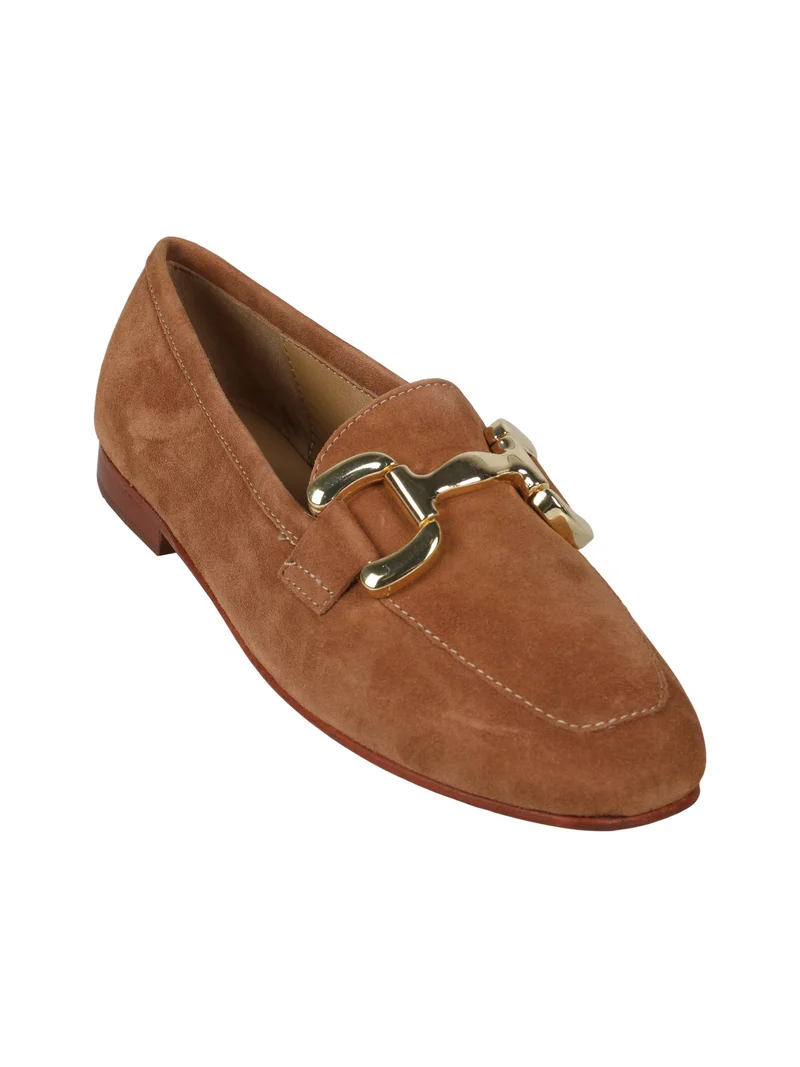 Mocassini donna in pelle scamosciata con placchetta - marrone