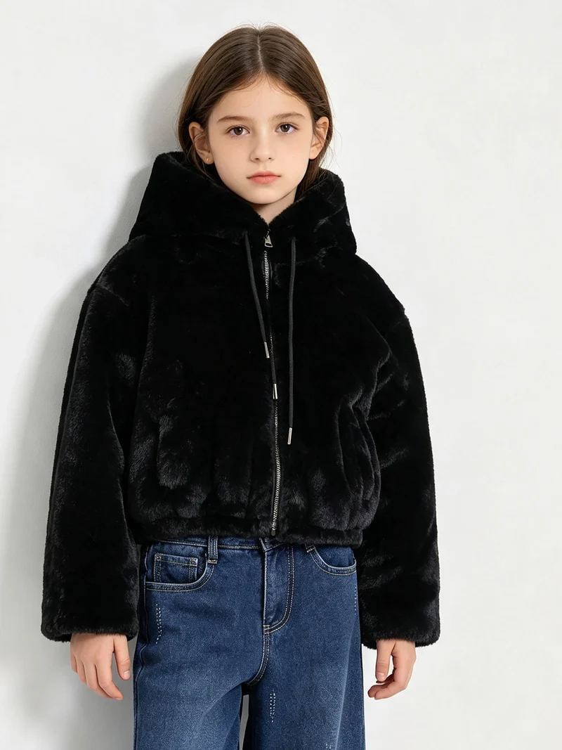 Giubbotto in ecopelliccia da bambina con cappuccio e zip - nero